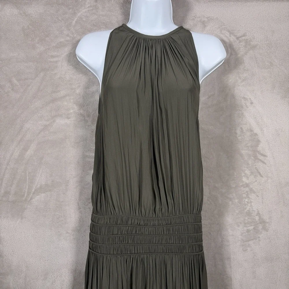 Ramy Brook Audrey Midi Dress Womens XS Olive Green Smocked Halter Stretch